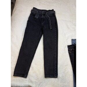 Guess Womens Black Denim Dark Wash Belted High Rise Straight leg Jeans Size 28